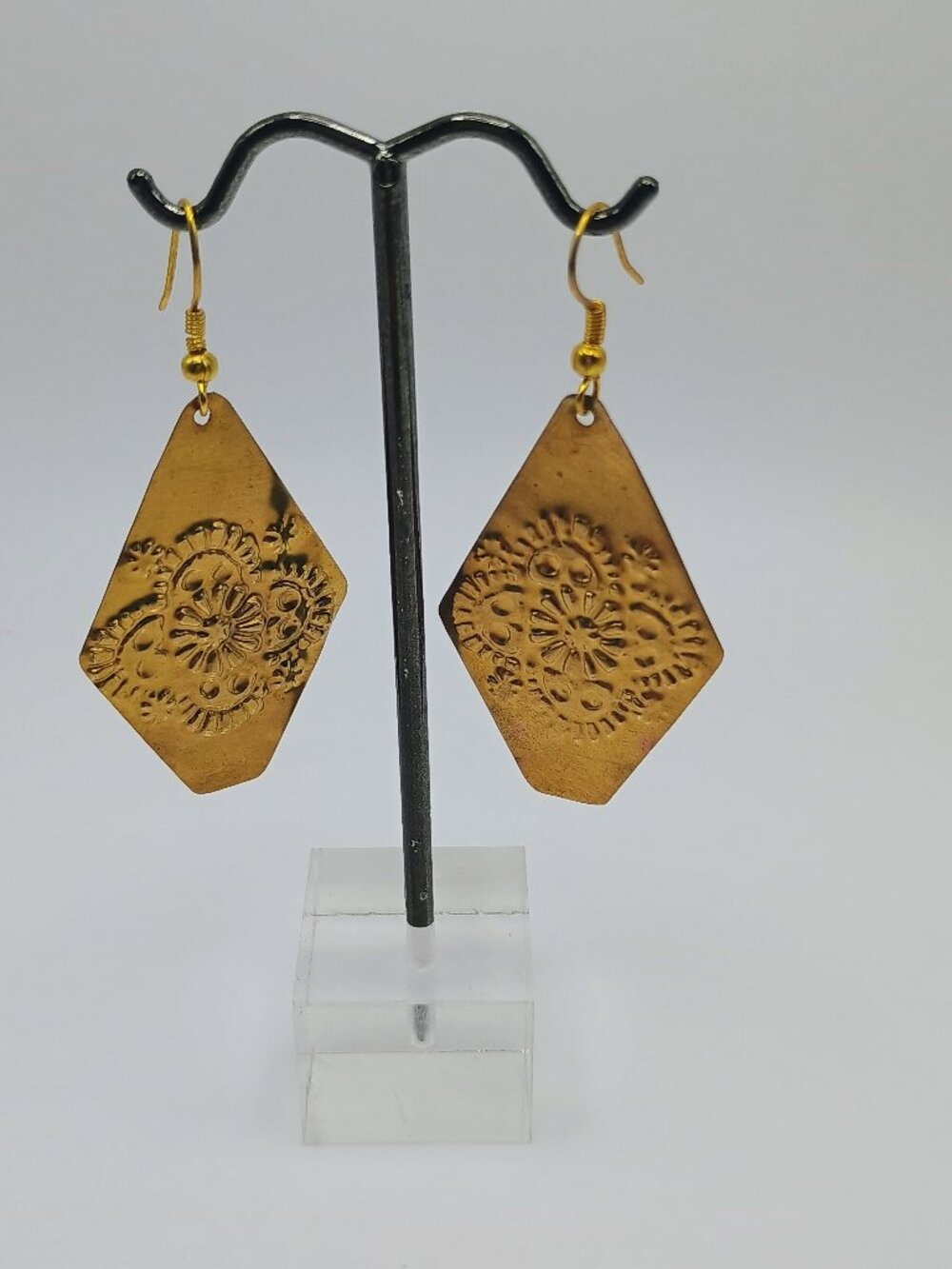 Engraved Bronze Earrings, Rhombus Shape, Handmade Style
